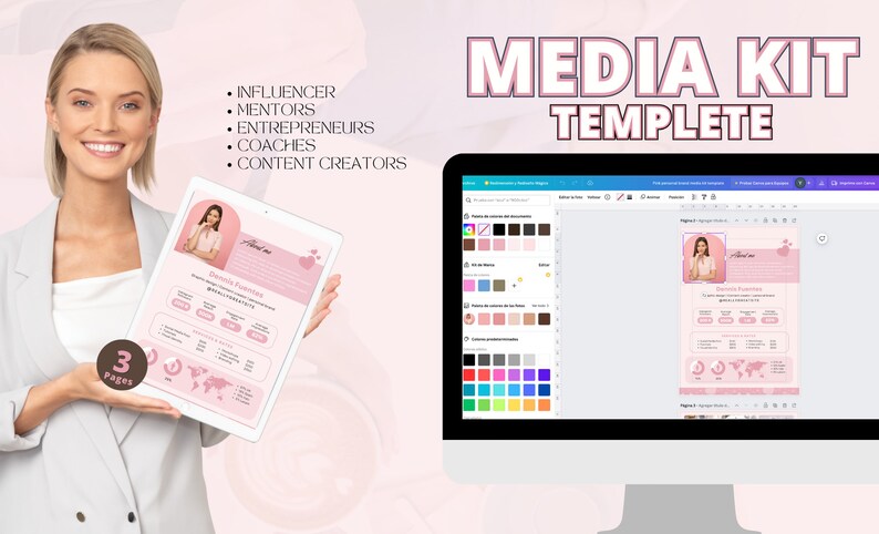 May include: A pink and white media kit template for influencers, mentors, entrepreneurs, coaches, and content creators. The template is displayed on a computer screen and includes a photo of a woman, text, and icons. The template is designed to be used for social media marketing.