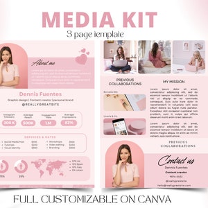 Puede incluir: Una plantilla de kit de medios rosa y blanca con el título "MEDIA KIT" y el texto "3 page template". La plantilla incluye una foto de una mujer, sus estadísticas de redes sociales, servicios y tarifas, y una sección para colaboraciones anteriores. La plantilla es personalizable en Canva.