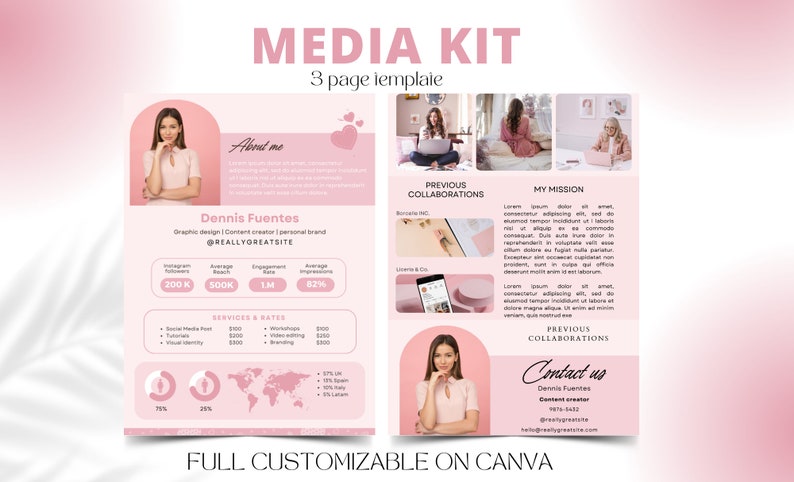 May include: A pink and white media kit template with the title "MEDIA KIT" and the text "3 page template". The template includes a photo of a woman, her social media statistics, services and rates, and a section for previous collaborations. The template is customizable on Canva.