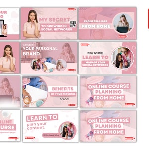 May include: A collection of pink and white YouTube video thumbnails with text that includes "Create Your Branding", "My Secret to Growing in Social Networks", "Profitable Jobs From Home", "Learn to Use Artificial Intelligence", "Convert Your Personal Brand", "New Tutorial Learn to Manage Your Social Networks", "Profitable Businesses on the Internet", "Benefits of Your Personal Brand", "Online Course Planning From Home", "Online Course Let Your Experience Begin", "Learn to Plan Your Content With Juana Siha", "Online Course Planning From Home".