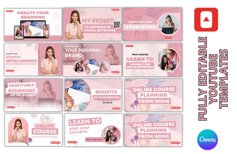 May include: A collection of pink and white YouTube video thumbnails with text that includes "Create Your Branding", "My Secret to Growing in Social Networks", "Profitable Jobs From Home", "Learn to Use Artificial Intelligence", "Convert Your Personal Brand", "New Tutorial Learn to Manage Your Social Networks", "Profitable Businesses on the Internet", "Benefits of Your Personal Brand", "Online Course Planning From Home", "Online Course Let Your Experience Begin", "Learn to Plan Your Content With Juana Siha", "Online Course Planning From Home".