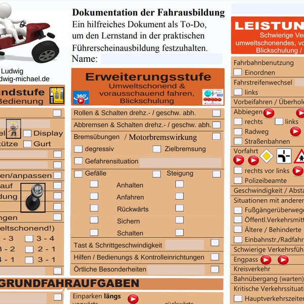 Digitale Ausbildungsdiagrammkarte für die praktische Führerscheinausbildung und Prüfungsvorbereitung als ausfüllbare PDF
