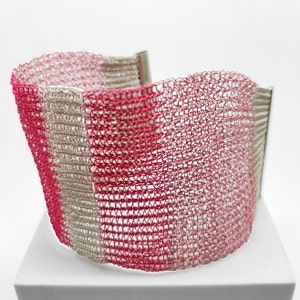 Unique Multicolor Wire Crochet Wide Bangle in Pink White Silver - Modern Cuff Bracelet - Adjustable Closure - Statement Jewelry Gift for Her