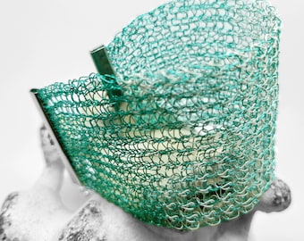 Statement Wide Wire Lace Cuff Bracelet - Modern Unique Bangle in Turquoise Green, White - Adjustable Silver Closure - Singular Jewelry Gift