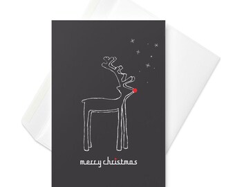 Wesołych Świąt Bożego Narodzenia Rudolph Red Nose Reindeer Holiday Greeting Card. 4" x 6" Pusta w środku. W zestawie koperta.