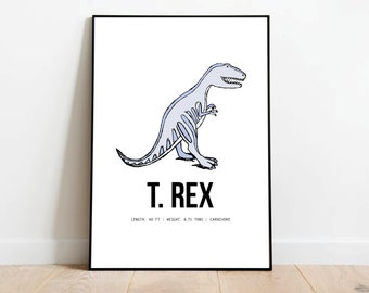 Tyrannosaurus Rex Poster, TREX Poster, Dinosaur,  Hand Drawn TREX with Stats, Kids, Nursery or Playroom Dinosaur Poster. Kids Birthday Gift.