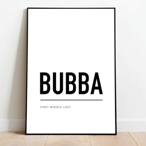May include: Black and white printable wall art with the name "BUBBA" in bold, sans-serif font. The text "FIRST MIDDLE LAST" is printed below the name.