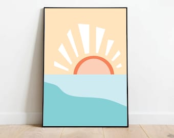 Sun Ocean Beach Poster, Simple Sunrise/Sunset Beach Print, Minimalistic Sun, Ocean Artwork. Birthday, Nursery, Beach House Poster/Print Gift