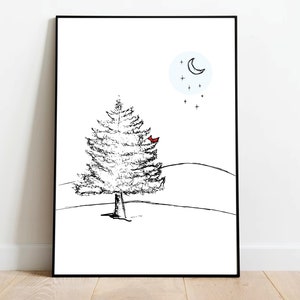 May include: A black and white line drawing of a pine tree with a red cardinal perched on a branch. The moon and stars are visible in the sky above the tree.