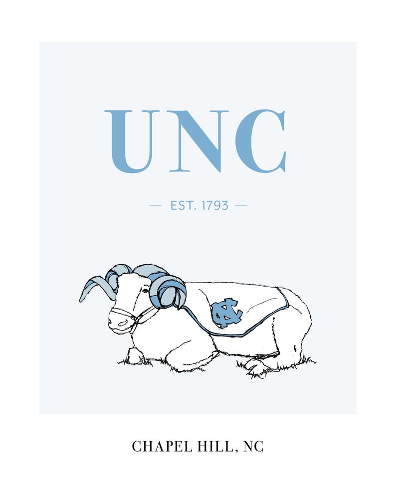 UNC Rameses Chapel Hill, NC, Tar Heels, Hand Drawn Poster