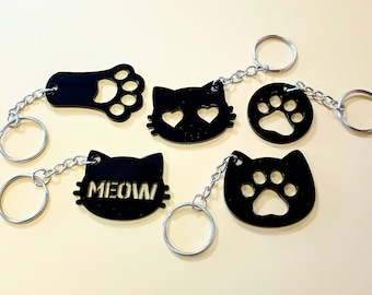 Cat Dog Keyring Paw Head Meow Cat Lover Acrylic Gloss Black Gift