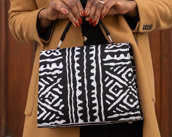 Borsa con motivi africani bogolan borsa bianco e nero fatto a mano, accessorio etnico, regalo per lei.