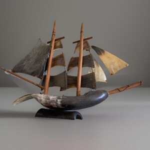 Barco de vela Clipper modelo antiguo de cuerno y hueso, arte popular, decoración náutica 13x10