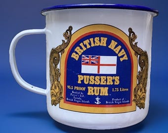 British Navy Pusser's Rum Enameled Tin Mug w/ Royal Navy Rum Terminology on Back