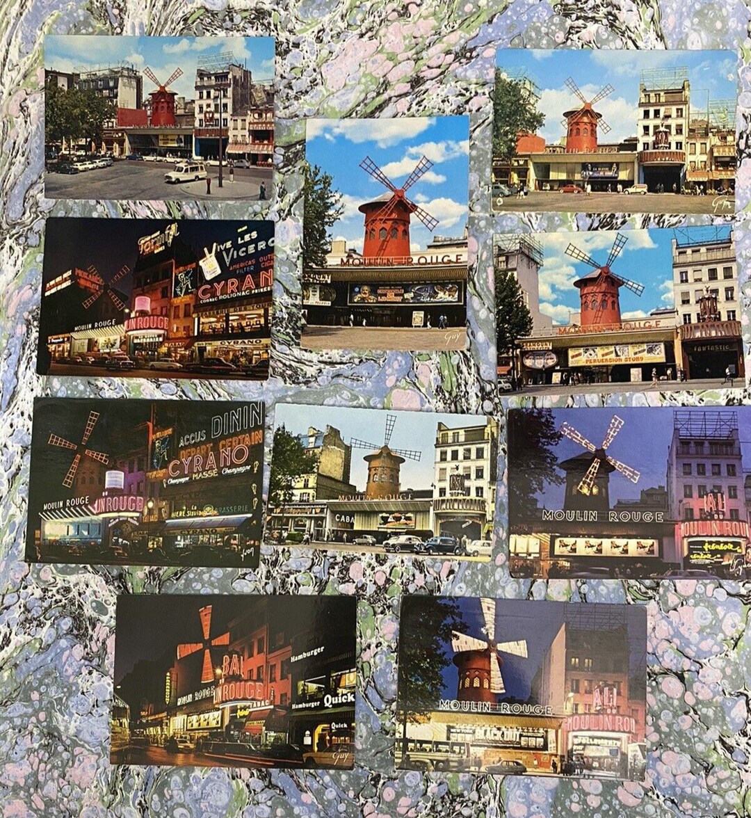 10 Vintage Le Moulin Rouge Paris France Chrome Postcards Divided Back