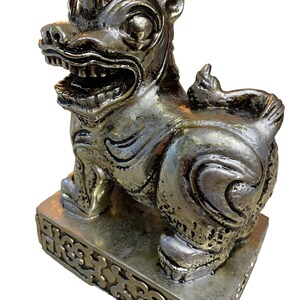 Midcentury Heavy Silver Chinese Foo Dog Imperial Guardian Lion Sculpture Figure