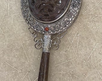 Antique Style Chinese Hand Mirror with Reticulated Jade Back and Handle 7.5" T