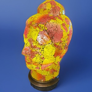 Vintage Amrita Singh Orange Yellow Buddha Head Mosaic Lamp 17&quot; Tall