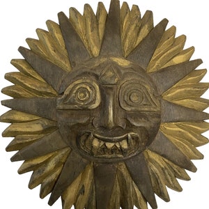 Vintage Inca Sun God Cedar & Gilt Wood Wall Plaque Peru 9.5" diameter