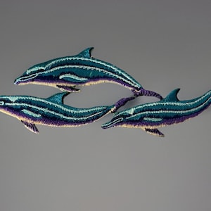 Aqua Teal Blue 3 Dolphin Pod Embroidery Iron On Applique Patch 6.25"