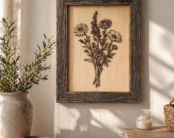 Wildflower Bouquet Wood Art | Reclaimed Barn Wood Frame, Rustic Farmhouse Decor