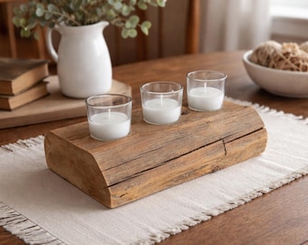 Hand-Hewn Reclaimed Wood Candle Holder | Rustic Farmhouse Centerpiece