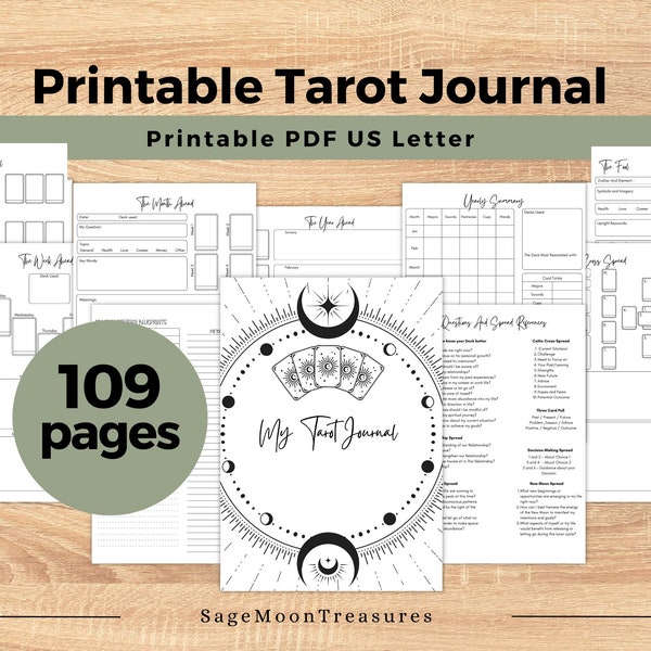 Tarot Printable Journal 109 Page Tarot Diary insert for Tarot Study Workbook Divination Tool Instant Download for Tarot Learning Beginners