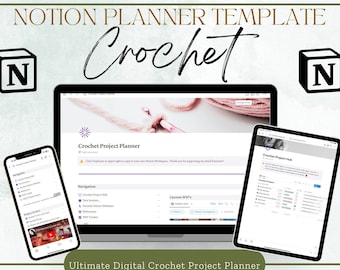 Notion Crochet Project Planner Template, Digital Notion Dashboard Crochet Journal Tracker for Yarn Hook Patterns Supplies Gift Planning