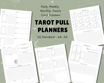Könnte beinhalten: Druckbare Tarotkarten-Tracker für tägliche, wöchentliche, monatliche und jährliche Auslegungen. Die Planer sind in den Formaten US Standard, A4 und A5 erhältlich.
