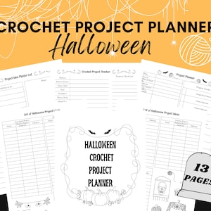 Puede incluir: Un planificador de proyectos de crochet con temática de Halloween, con 13 páginas. El diseño presenta un fondo de telaraña e incluye secciones para ideas de proyectos, rastreadores y listas de verificación. El texto "CROCHET PROJECT PLANNER Halloween" se muestra de forma destacada.