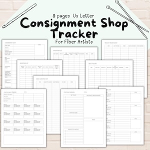 Rastreador de tiendas de consignación para artistas de la fibra, crocheteros y tejedores para la venta de productos hechos a mano, registro de 9 páginas imprimible en formato carta de EE. UU.