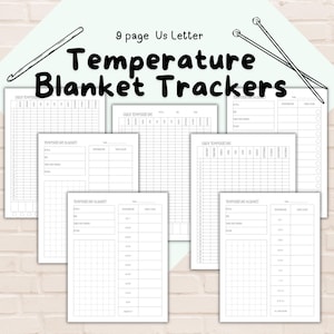 May include: Nine printable pages of temperature blanket trackers in US Letter size. Each page includes a grid for tracking daily temperatures and a section for recording yarn color and other details.