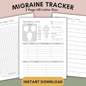 Peut inclure: Un suivi de migraine imprimable avec trois pages. La première page est un suivi mensuel des déclencheurs de migraine, la deuxième page est un suivi quotidien de la migraine et la troisième page est un suivi de la fréquence des migraines. Les pages sont en noir et blanc et ont un design simple.