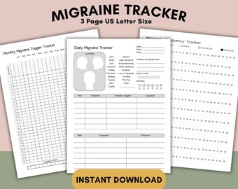May include: A printable migraine tracker with three pages. The first page is a monthly migraine trigger tracker, the second page is a daily migraine tracker, and the third page is a migraine frequency tracker. The pages are black and white and have a simple design.