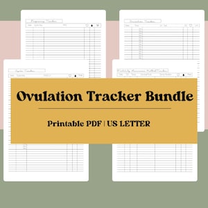 May include: An ovulation tracker bundle with several printable PDF pages. The pages include sections for tracking pregnancy, cycle, and fertility awareness methods. The title "Ovulation Tracker Bundle" is displayed on a gold background, with "Printable PDF | US LETTER" below.