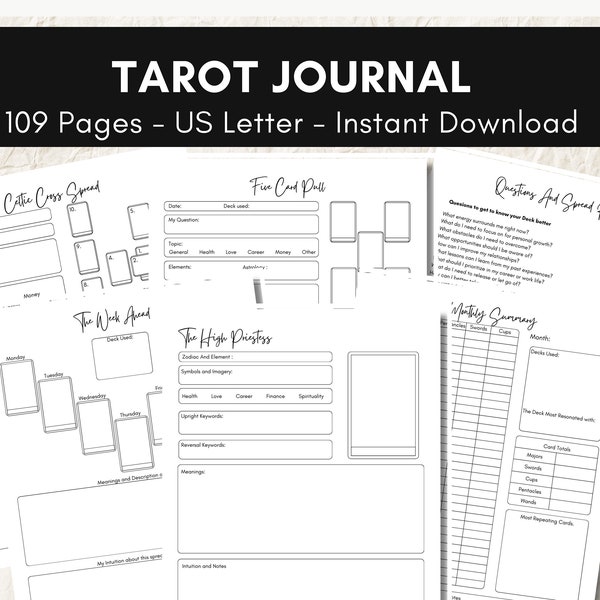 Tarot Printable Journal 109 Page Tarot Diary insert for Tarot Study Workbook Divination Tool Instant Download for Tarot Learning Beginners