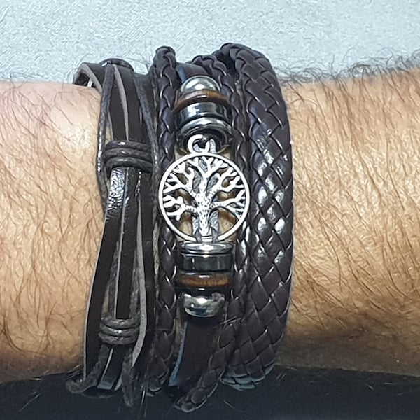 Mens bracelet, Birthday Gift for him, Tree of life, leather bracelet, viking leather bracelet, Anniversary gift, Gift for him, 3 in 1 gift