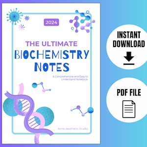 Może przedstawiać: Biała okładka z niebieskim i różowym wzorem przedstawiającym nić DNA i cząsteczki. Okładka zawiera tekst "The Ultimate Biochemistry Notes" i "A Comprehensive and Easy to Understand Notebook". Okładka zawiera również tekst "2024" i "Anne Aesthetic Studio".