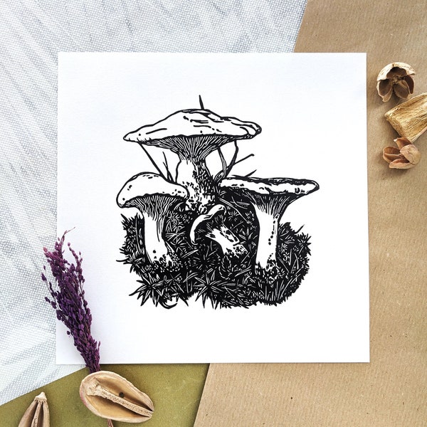 Affiche champignon Illustration botanique Linogravure noir et blanc d'inspiration nature Dessin style herbier décoration intérieure