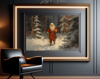 Vintage Santa Claus Christmas Frame Tv Art, Neutral Holiday Artwork, Farmhouse Painting Winter Snowy Landscape Print Samsung, Home Decor