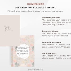 Puede incluir: Un planificador beige con el texto "MY IVF Planner" y un dise&ntilde;o floral. Tambi&eacute;n es visible un segundo planificador con un patr&oacute;n floral y una cita. La imagen incluye instrucciones sobre c&oacute;mo usar el planificador, dise&ntilde;ado para impresi&oacute;n flexible.