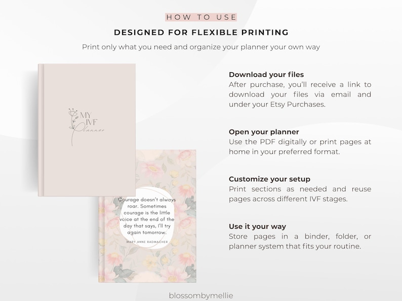 Puede incluir: Un planificador beige con el texto "MY IVF Planner" y un dise&ntilde;o floral. Tambi&eacute;n es visible un segundo planificador con un patr&oacute;n floral y una cita. La imagen incluye instrucciones sobre c&oacute;mo usar el planificador, dise&ntilde;ado para impresi&oacute;n flexible.