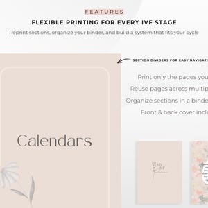 Puede incluir: Calendarios beige con la palabra "Calendars" en el centro. La imagen tambi&eacute;n muestra el texto "FLEXIBLE PRINTING FOR EVERY IVF STAGE" y "SECTION DIVIDERS FOR EASY NAVIGATION". Tambi&eacute;n se ven dos cubiertas m&aacute;s peque&ntilde;as con dise&ntilde;os florales y bot&aacute;nicos.