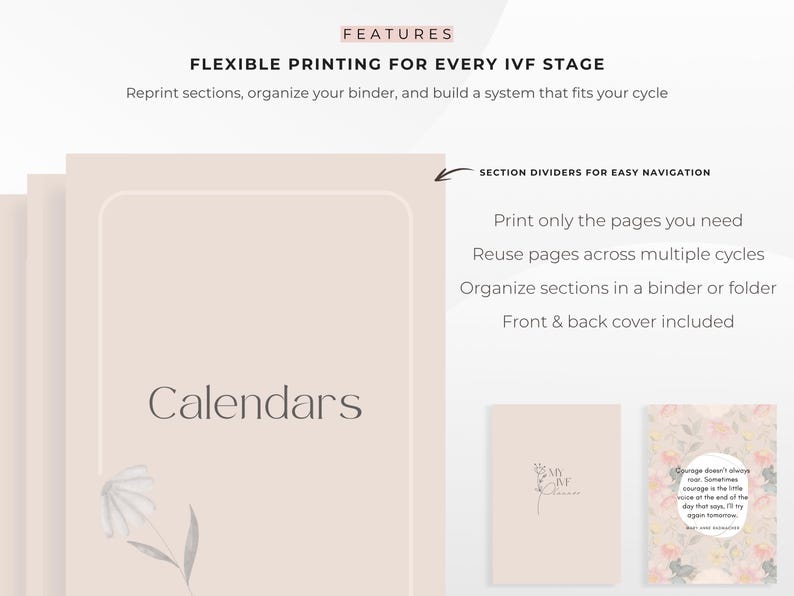Puede incluir: Calendarios beige con la palabra "Calendars" en el centro. La imagen tambi&eacute;n muestra el texto "FLEXIBLE PRINTING FOR EVERY IVF STAGE" y "SECTION DIVIDERS FOR EASY NAVIGATION". Tambi&eacute;n se ven dos cubiertas m&aacute;s peque&ntilde;as con dise&ntilde;os florales y bot&aacute;nicos.