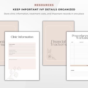 Puede incluir: Un conjunto de documentos imprimibles en beige y blanco para organizar los detalles de la FIV. Los documentos incluyen secciones para la informaci&oacute;n de la cl&iacute;nica, los rastreadores financieros y una hoja de c&aacute;lculo de costos de los procedimientos. El texto "KEEP IMPORTANT IVF DETAILS ORGANIZED" est&aacute; en la parte superior.