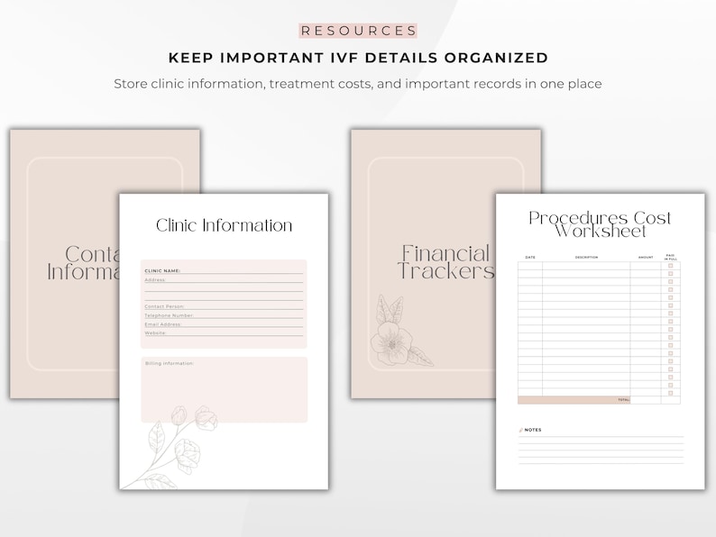Puede incluir: Un conjunto de documentos imprimibles en beige y blanco para organizar los detalles de la FIV. Los documentos incluyen secciones para la informaci&oacute;n de la cl&iacute;nica, los rastreadores financieros y una hoja de c&aacute;lculo de costos de los procedimientos. El texto "KEEP IMPORTANT IVF DETAILS ORGANIZED" est&aacute; en la parte superior.