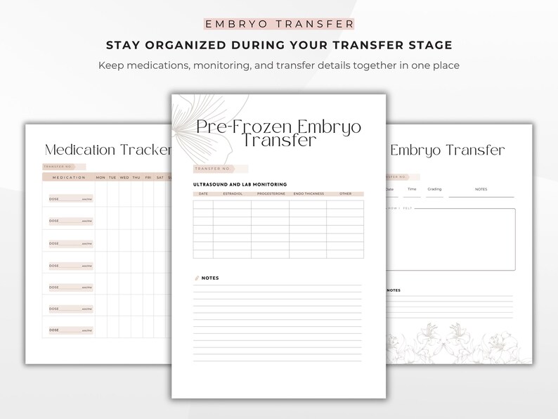 Puede incluir: Tres p&aacute;ginas blancas con texto y detalles florales. Las p&aacute;ginas se titulan "Medication Tracker", "Pre-Frozen Embryo Transfer" y "Embryo Transfer". El texto incluye indicaciones para el seguimiento de medicamentos, ultrasonido y detalles de monitoreo de laboratorio. La parte superior de la imagen dice "EMBRYO TRANSFER".