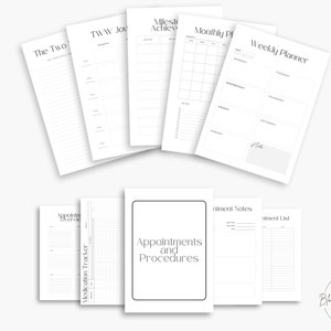 Peut inclure: Plusieurs pages de planificateur imprimables blanches avec des designs minimalistes. Les pages comprennent des sections pour la planification hebdomadaire, les objectifs mensuels, les rendez-vous et le suivi des m&eacute;dicaments. Le texte comprend "Weekly Planner".