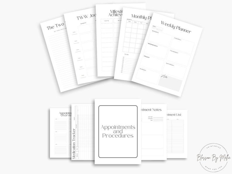 Peut inclure: Plusieurs pages de planificateur imprimables blanches avec des designs minimalistes. Les pages comprennent des sections pour la planification hebdomadaire, les objectifs mensuels, les rendez-vous et le suivi des m&eacute;dicaments. Le texte comprend "Weekly Planner".