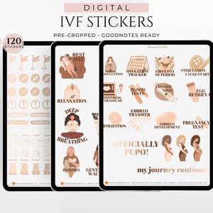 Könnte beinhalten: Digitale IVF-Aufkleber, die auf drei Tablets angezeigt werden. Die Aufkleber enthalten Illustrationen und Texte wie "Rest Day", "Blood Tests" und "Pregnancy Test". Der Text "Officially Pupo!" und "my journey continues" sind ebenfalls sichtbar.